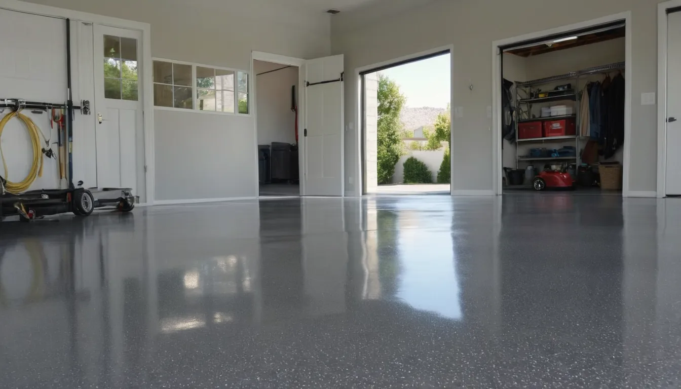 A freshly coated epoxy garage floor in a Westland home